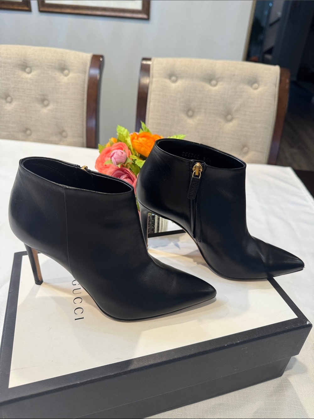 Authentic Gucci Black Leather Pointed Ankle Booties with Stiletto Heel